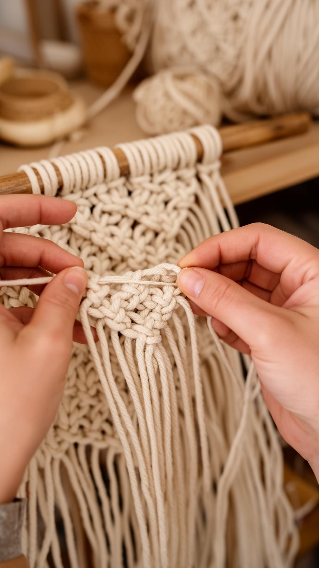 Mains d'artisan créant un macramé